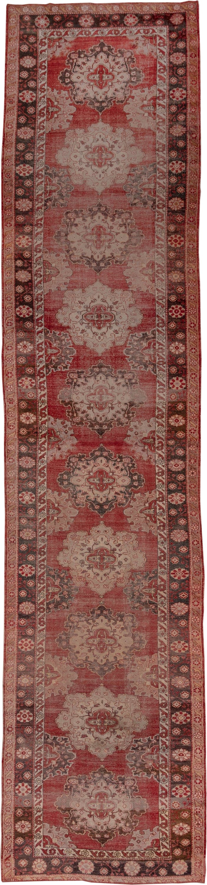 5' x 24' one-of-a-kind handmade antique Oushak rug. Color palette: rose, ivory, charcoal, terra cotta, taupe, burgundy, pink
