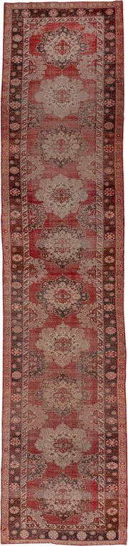 5' x 24' one-of-a-kind handmade antique Oushak rug. Color palette: rose, ivory, charcoal, terra cotta, taupe, burgundy, pink