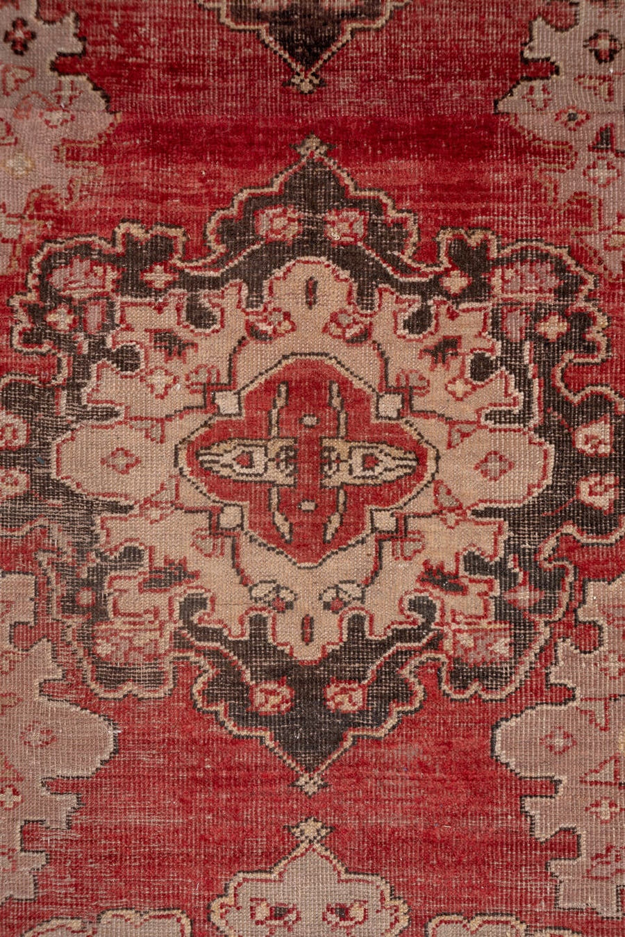 5' x 24' one-of-a-kind handmade antique Oushak rug. Color palette: rose, ivory, charcoal, terra cotta, taupe, burgundy, pink
