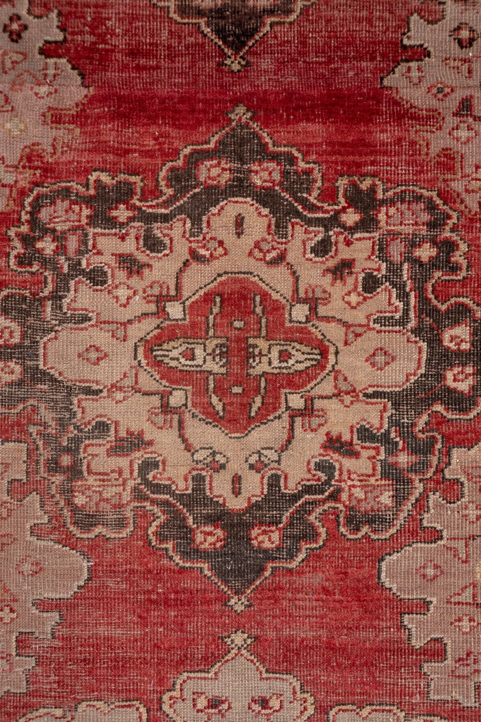 5' x 24' one-of-a-kind handmade antique Oushak rug. Color palette: rose, ivory, charcoal, terra cotta, taupe, burgundy, pink