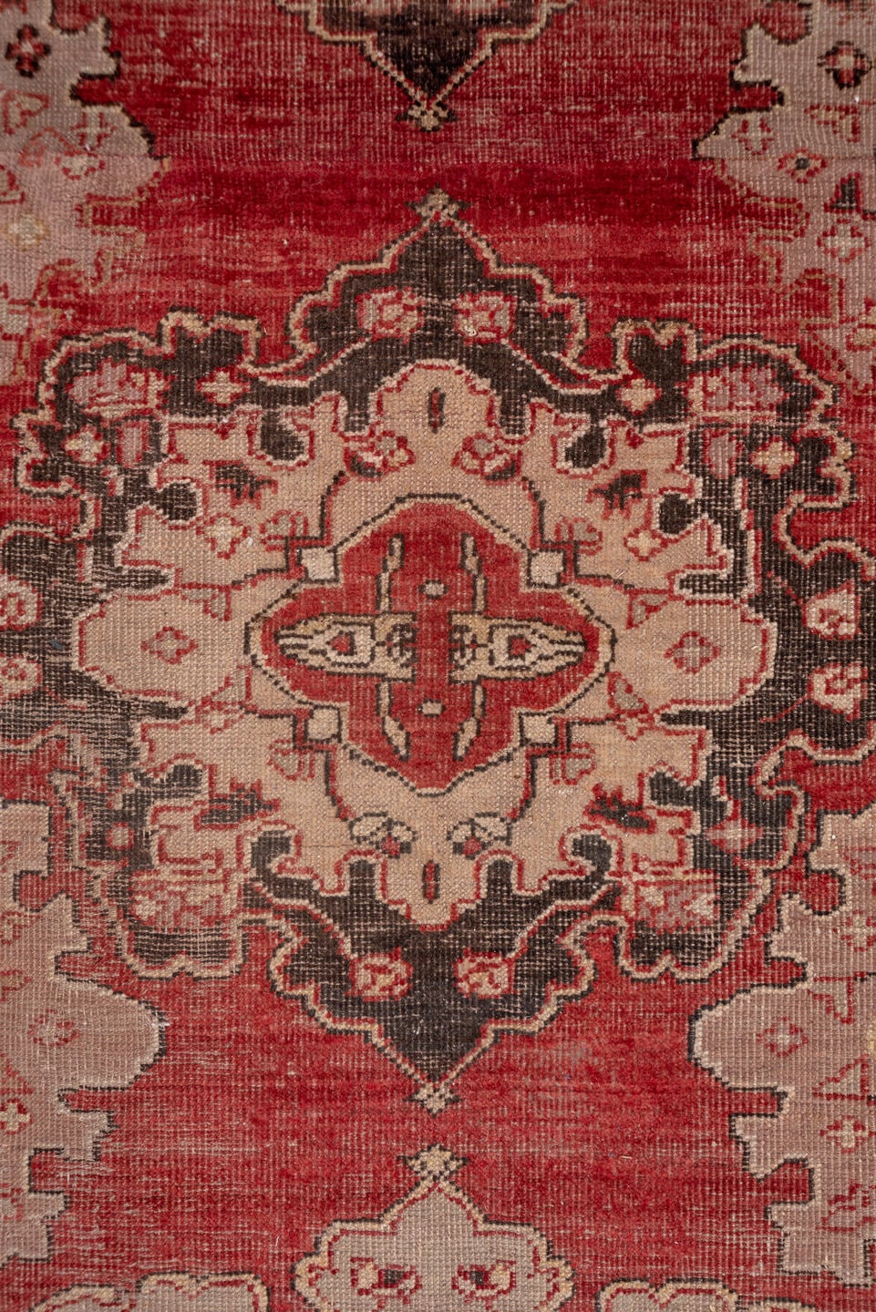 5' x 24' one-of-a-kind handmade antique Oushak rug. Color palette: rose, ivory, charcoal, terra cotta, taupe, burgundy, pink