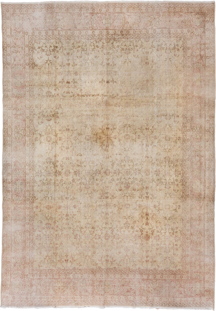 8' x 12' one-of-a-kind handmade vintage Oushak large size rug. Color palette: ivory, blush, beige, taupe, rose, camel, pink
