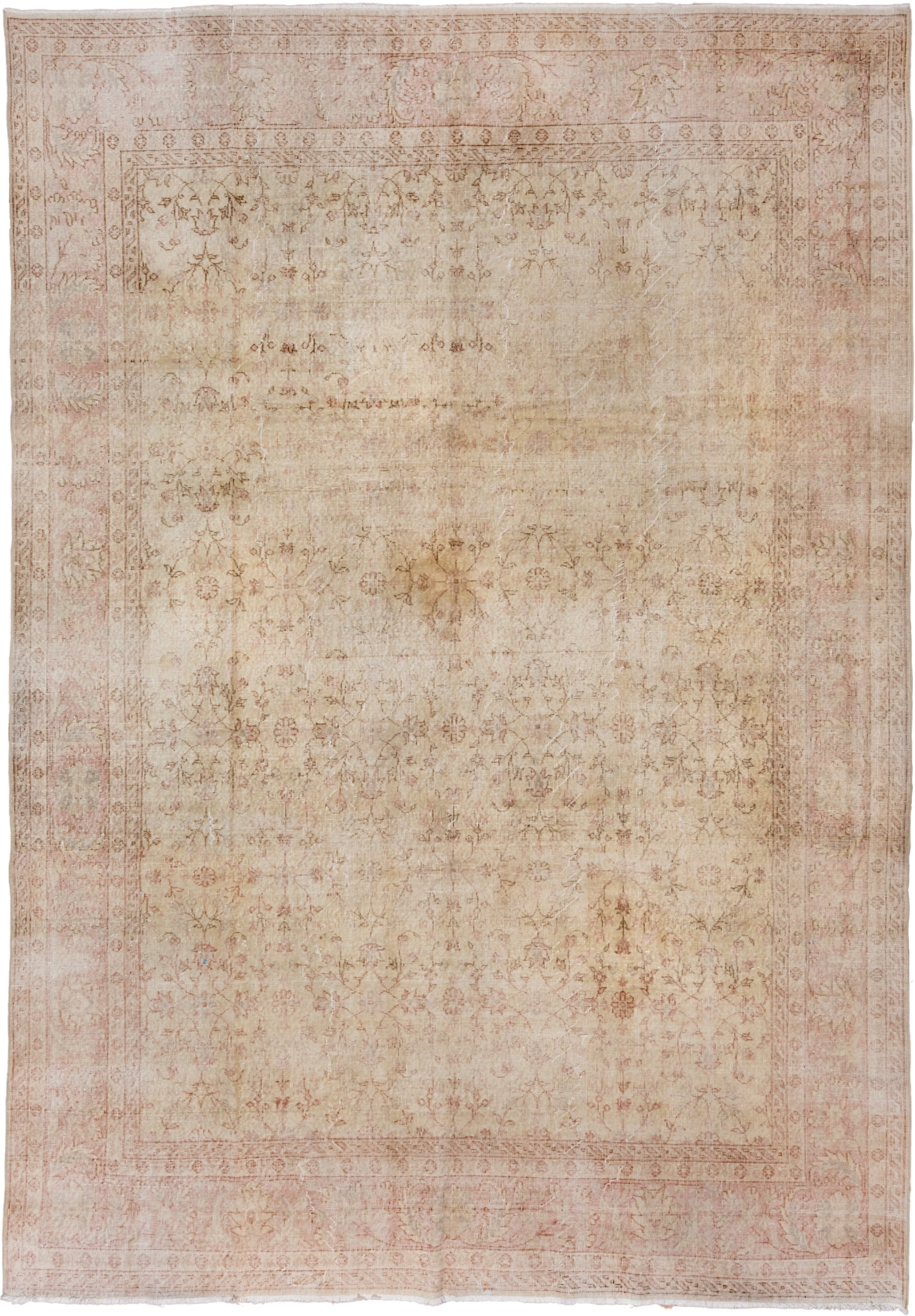 8' x 12' one-of-a-kind handmade vintage Oushak large size rug. Color palette: ivory, blush, beige, taupe, rose, camel, pink