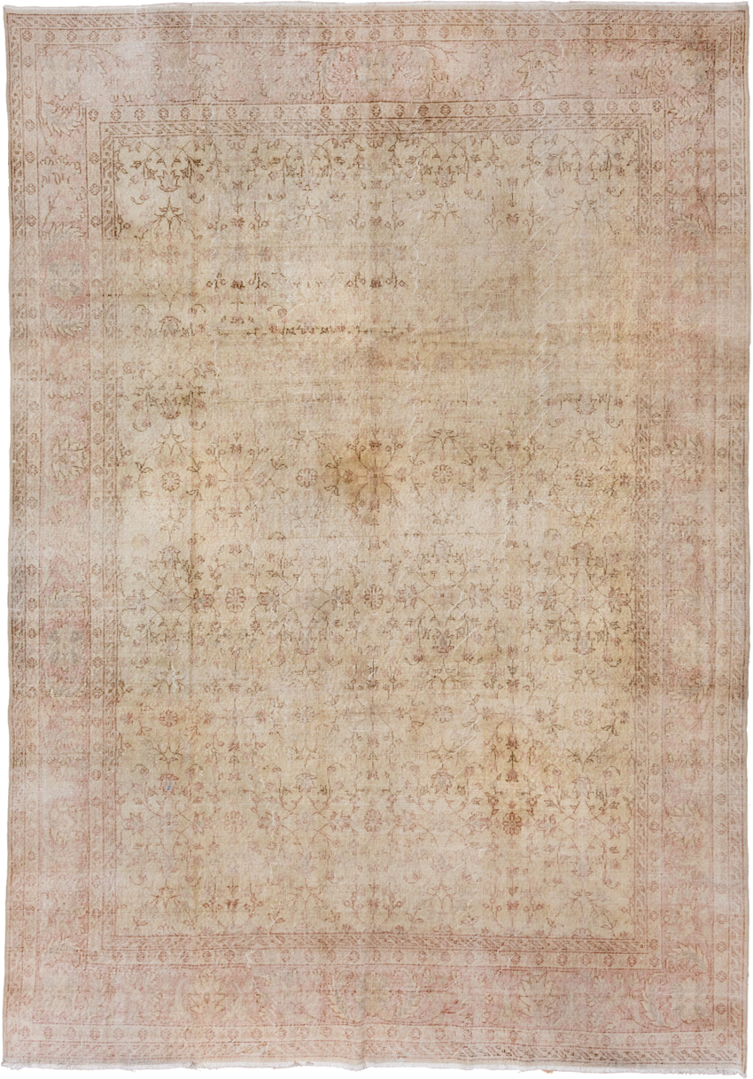 8' x 12' one-of-a-kind handmade vintage Oushak large size rug. Color palette: ivory, blush, beige, taupe, rose, camel, pink