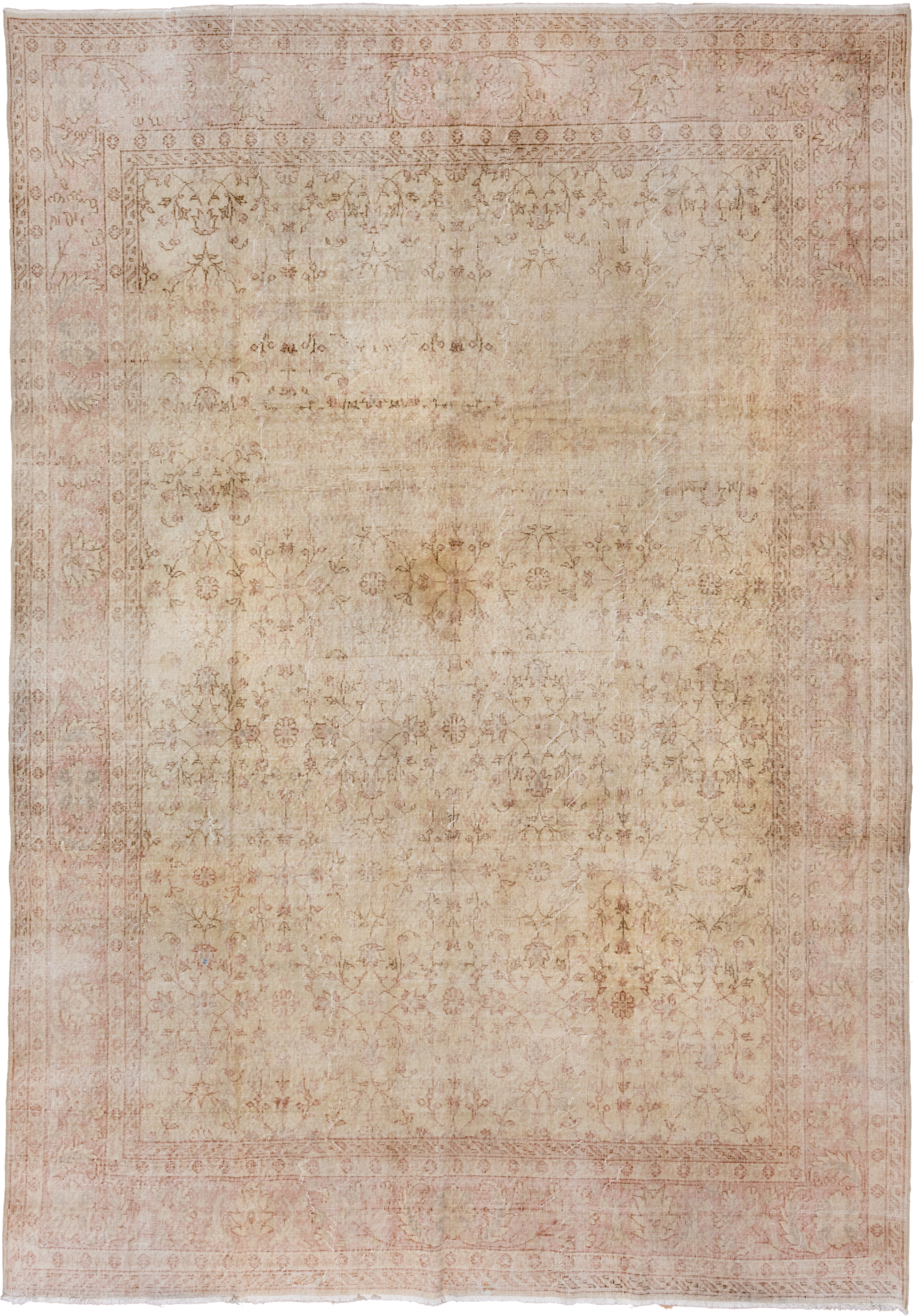 8' x 12' one-of-a-kind handmade vintage Oushak large size rug. Color palette: ivory, blush, beige, taupe, rose, camel, pink