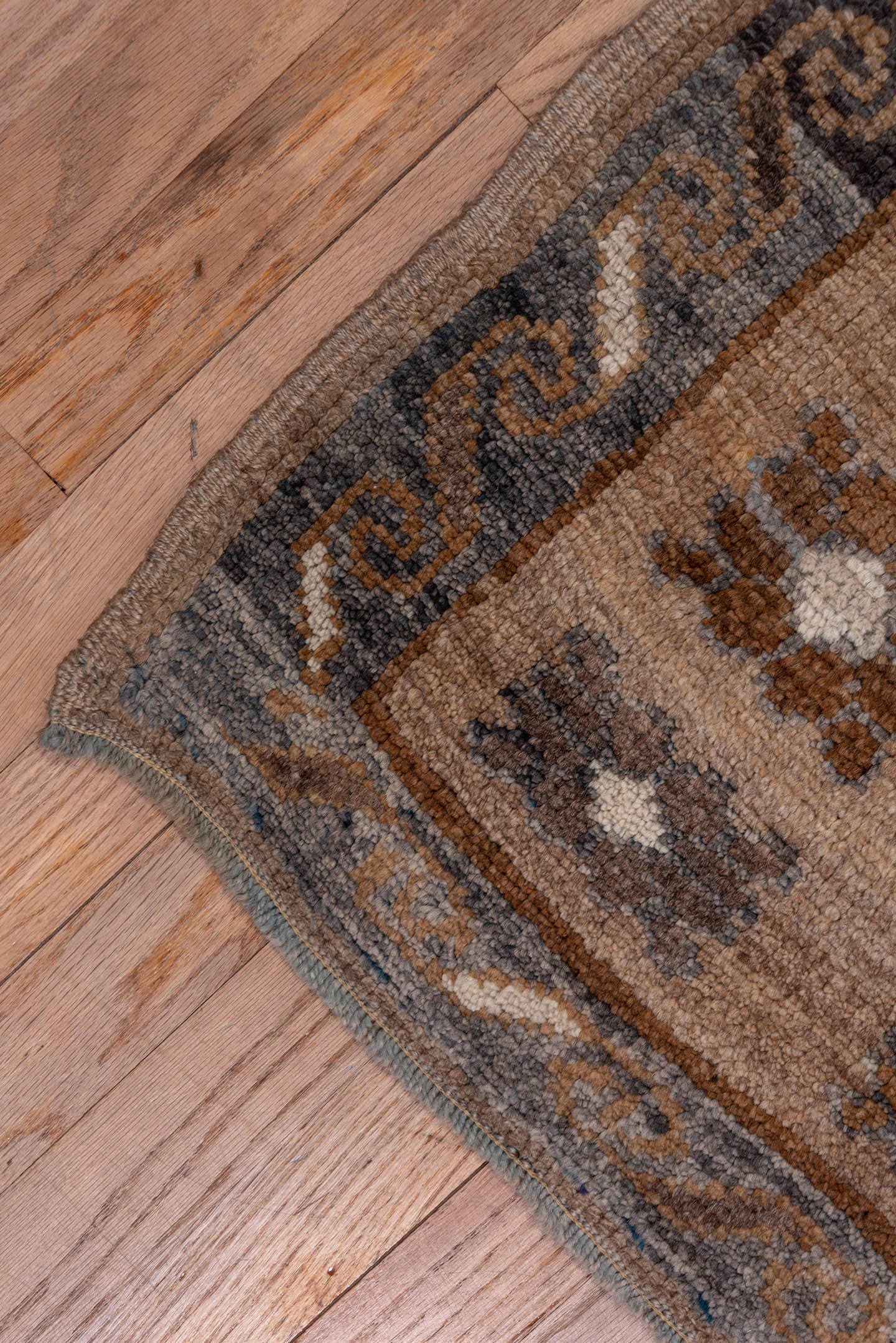 7' x 11' one-of-a-kind handmade antique Kars large size rug. Color palette: taupe, brown, camel, ivory, charcoal, beige