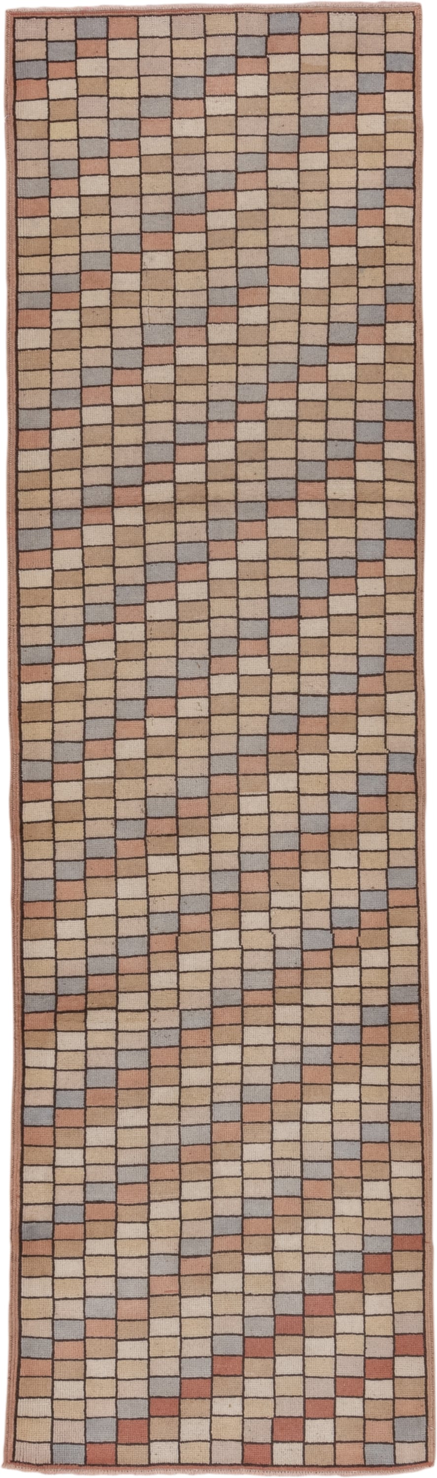 2' x 9' one-of-a-kind handmade vintage Tulu runner rug. Color palette: taupe, ivory, rust, slate, camel, beige, gray