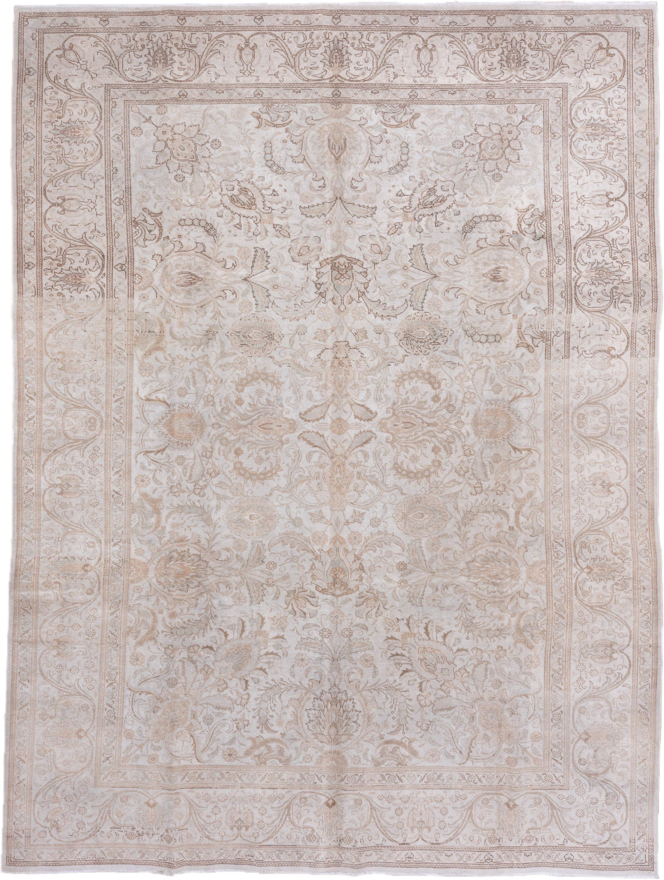 9' x 12' one-of-a-kind handmade vintage Tabriz large size rug. Color palette: ivory, beige, taupe, camel, sand, gray