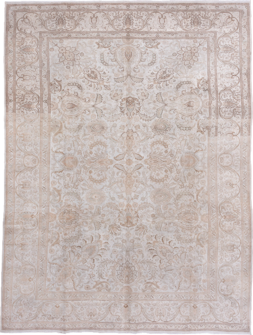 9' x 12' one-of-a-kind handmade vintage Tabriz large size rug. Color palette: ivory, beige, taupe, camel, sand, gray