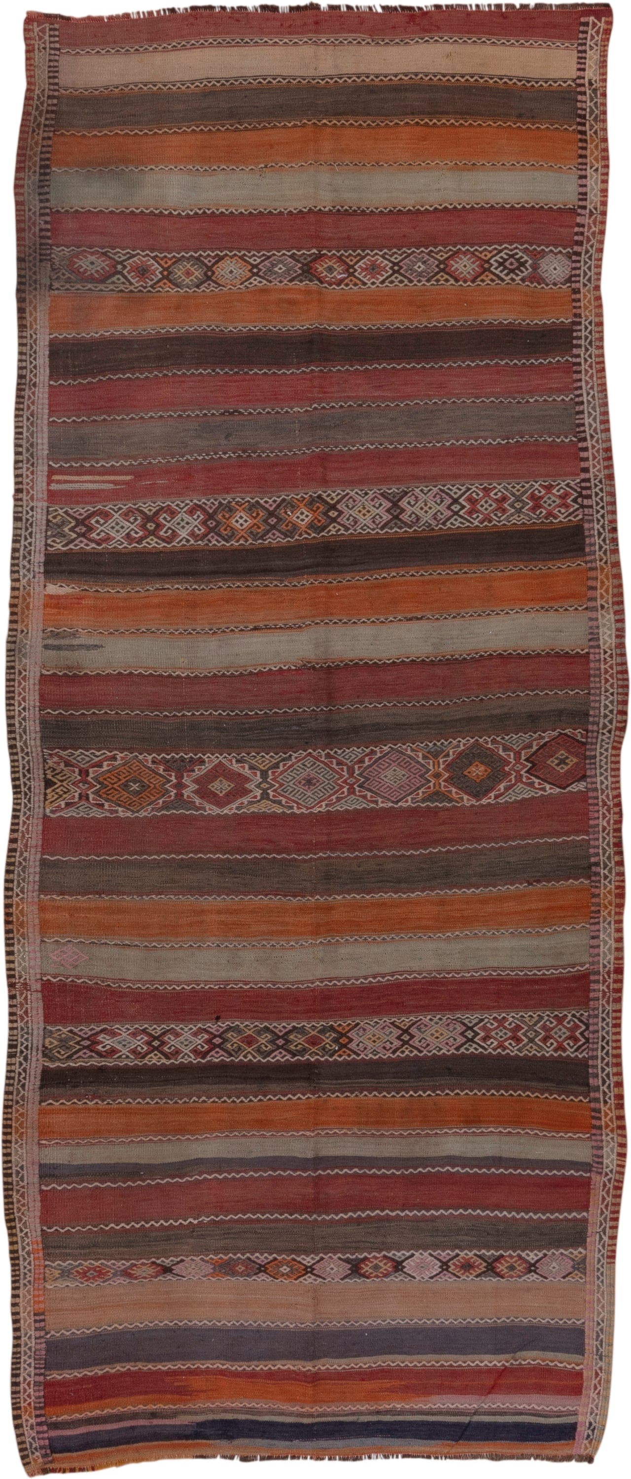 4' x 10' one-of-a-kind handmade vintage Jijim runner rug. Color palette: rust, rose, taupe, brown, charcoal, terracotta
