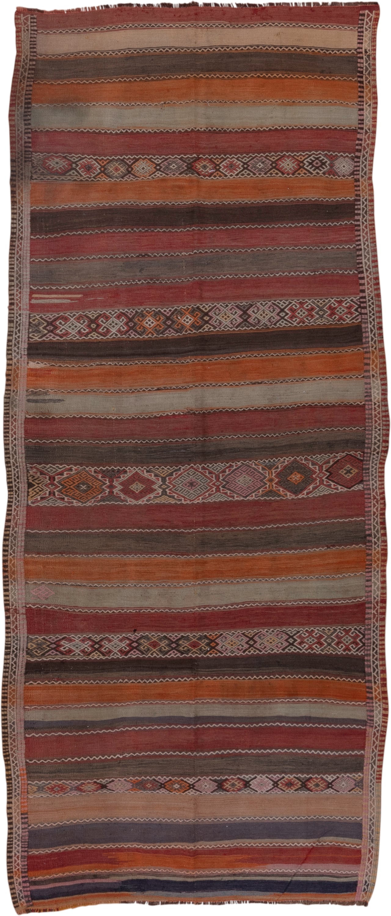 4' x 10' one-of-a-kind handmade vintage Jijim runner rug. Color palette: rust, rose, taupe, brown, charcoal, terracotta