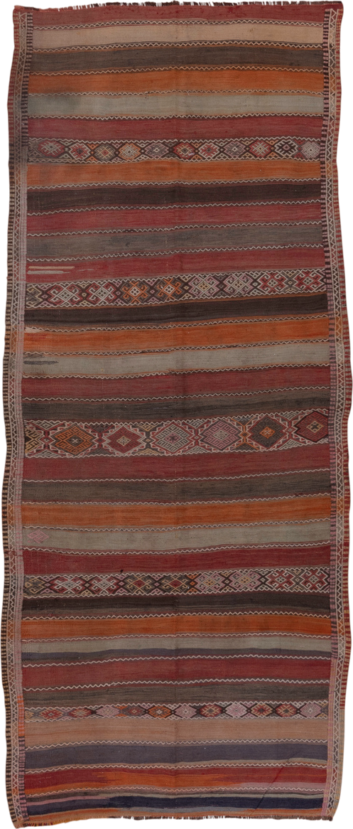 4' x 10' one-of-a-kind handmade vintage Jijim runner rug. Color palette: brown, gray, pink, red, redwood