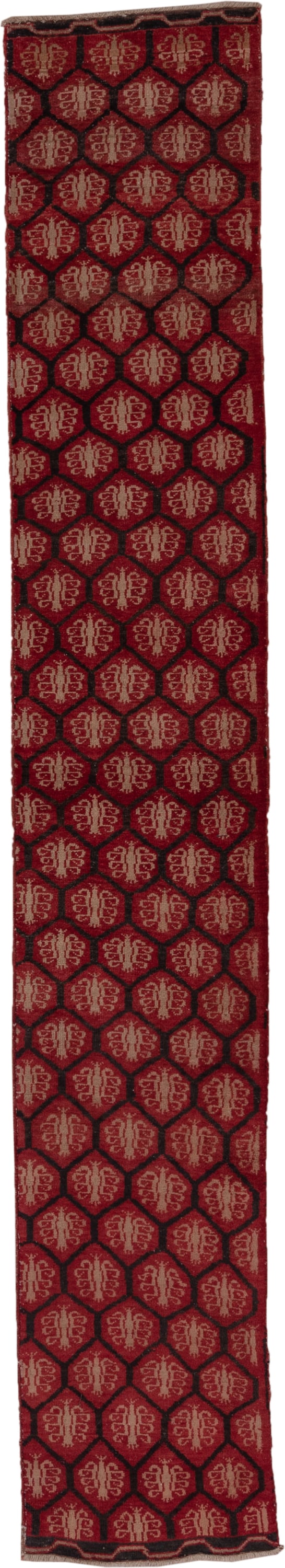 2' x 12' one-of-a-kind handmade antique Oushak runner rug. Color palette: red, burgundy, ivory, charcoal, rose, gray, black