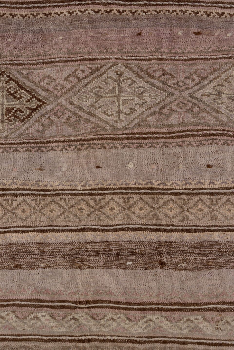 2' x 10' one-of-a-kind handmade vintage Kilim runner rug. Color palette: brown, gray, off-white, pink, snow, white