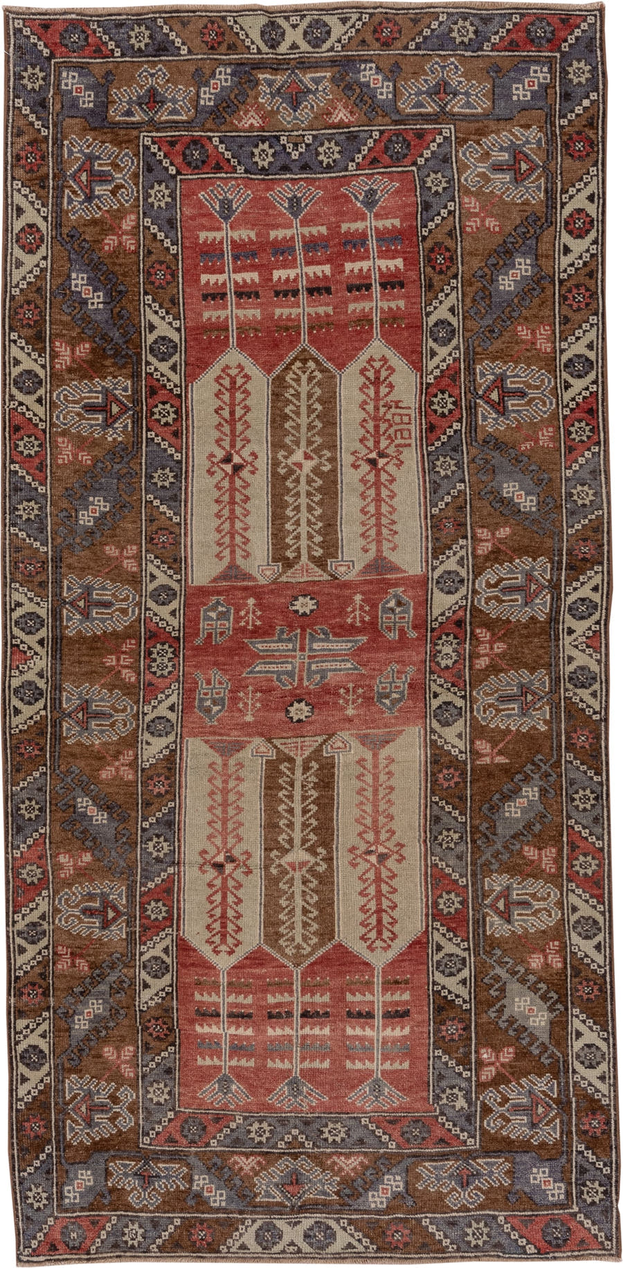 4' x 8' one-of-a-kind handmade antique Konya runner rug. Color palette: brown, coral, ivory, indigo, rust, taupe, slate