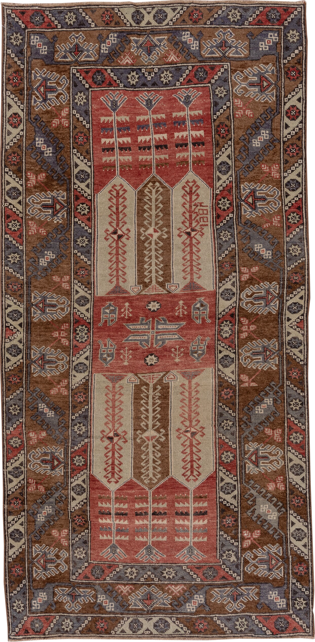 4' x 8' one-of-a-kind handmade antique Konya runner rug. Color palette: brown, coral, ivory, indigo, rust, taupe, slate