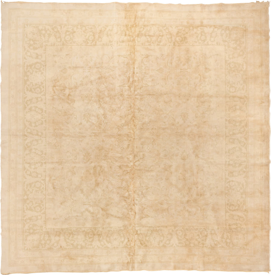 11' x 11' one-of-a-kind handmade vintage Oushak oversize rug. Color palette: ivory, cream, beige, sand, taupe, gray