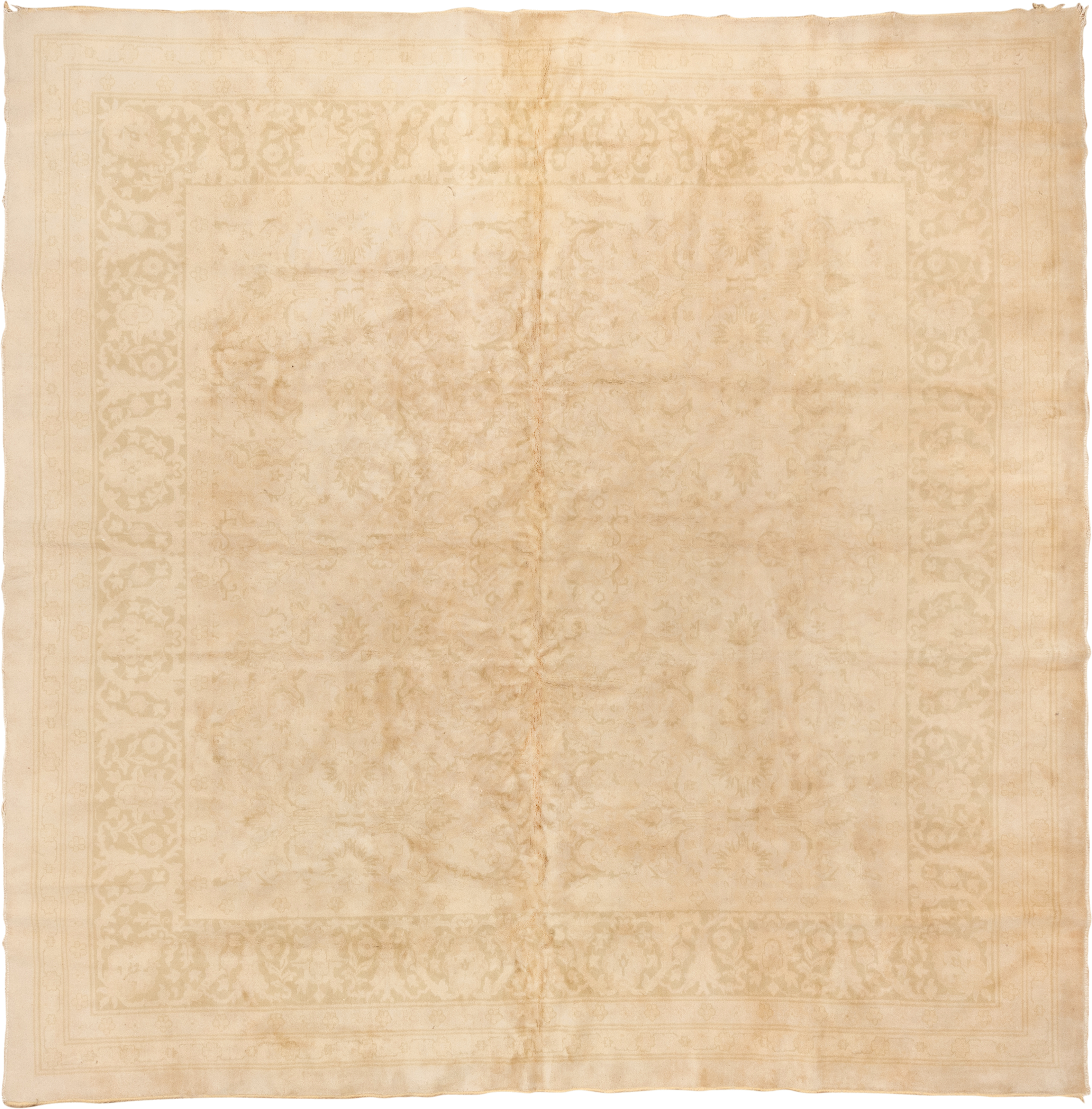 11' x 11' one-of-a-kind handmade vintage Oushak oversize rug. Color palette: ivory, cream, beige, sand, taupe, gray