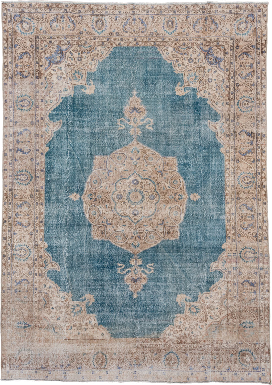 8' x 11' one-of-a-kind handmade vintage Oushak large size rug. Color palette: aqua, ivory, beige, sky blue, taupe, camel