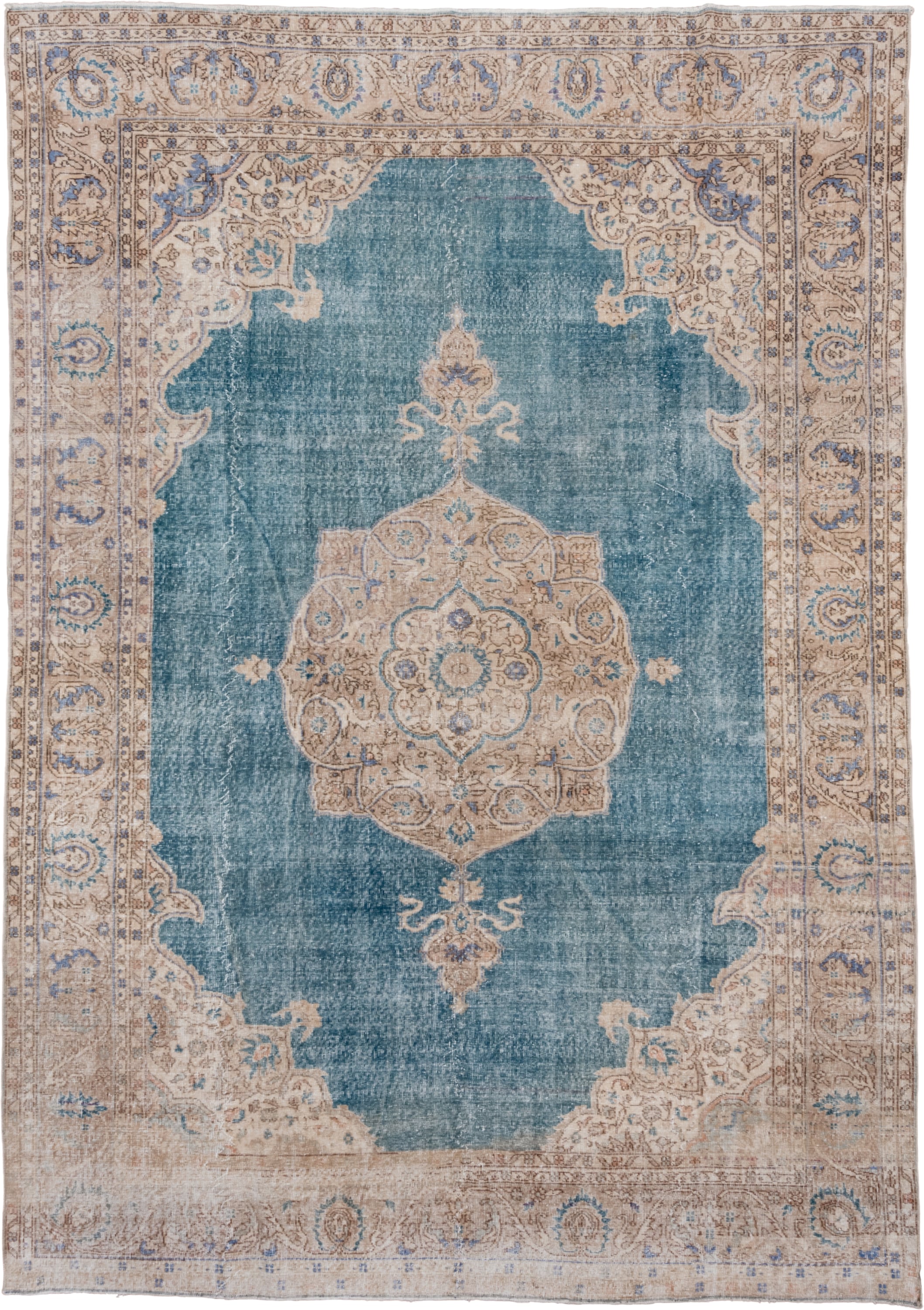 8' x 11' one-of-a-kind handmade vintage Oushak large size rug. Color palette: aqua, ivory, beige, sky blue, taupe, camel