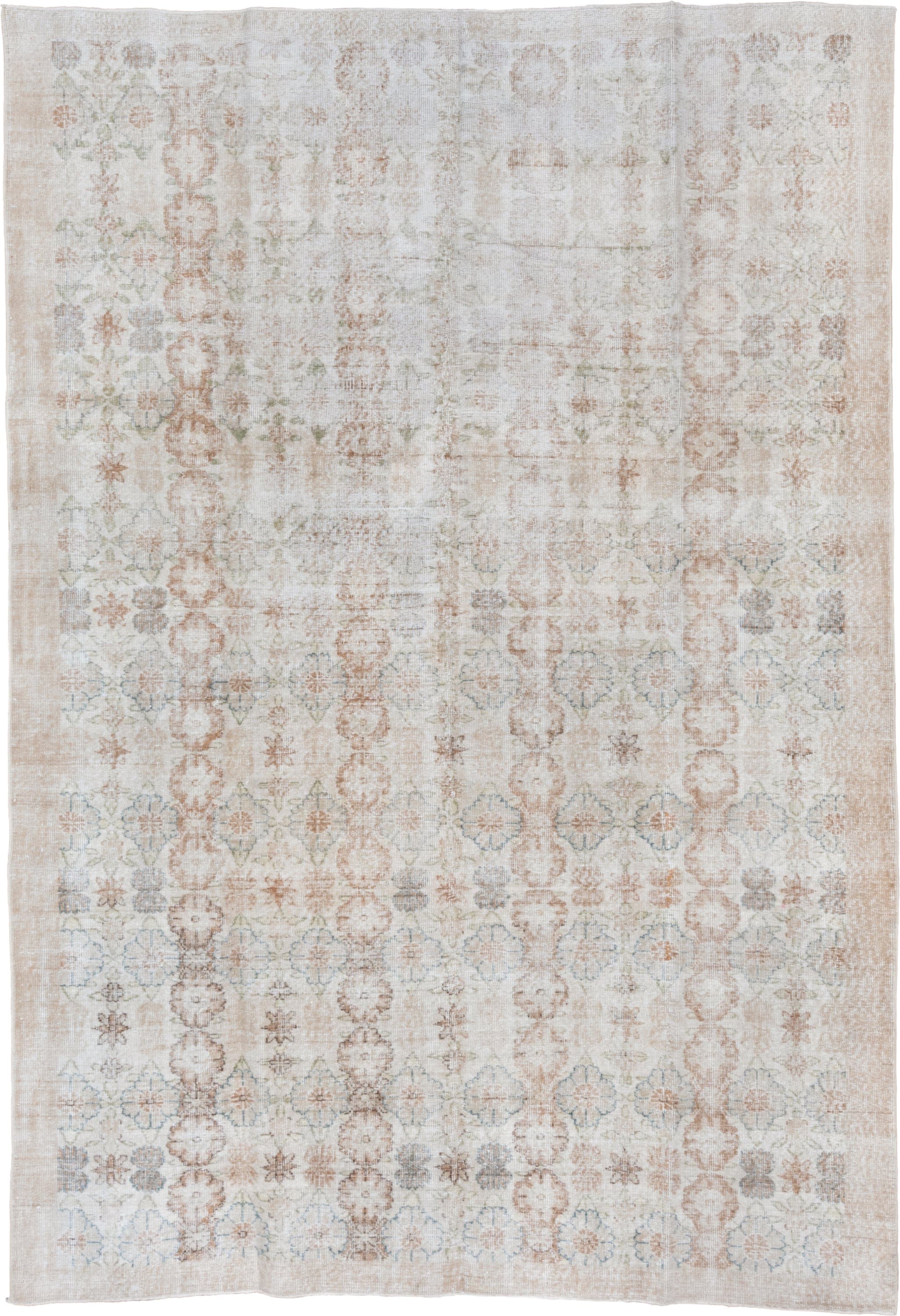 6' x 10' one-of-a-kind handmade vintage Oushak large size rug. Color palette: ivory, blush, taupe, pale blue, beige, sage