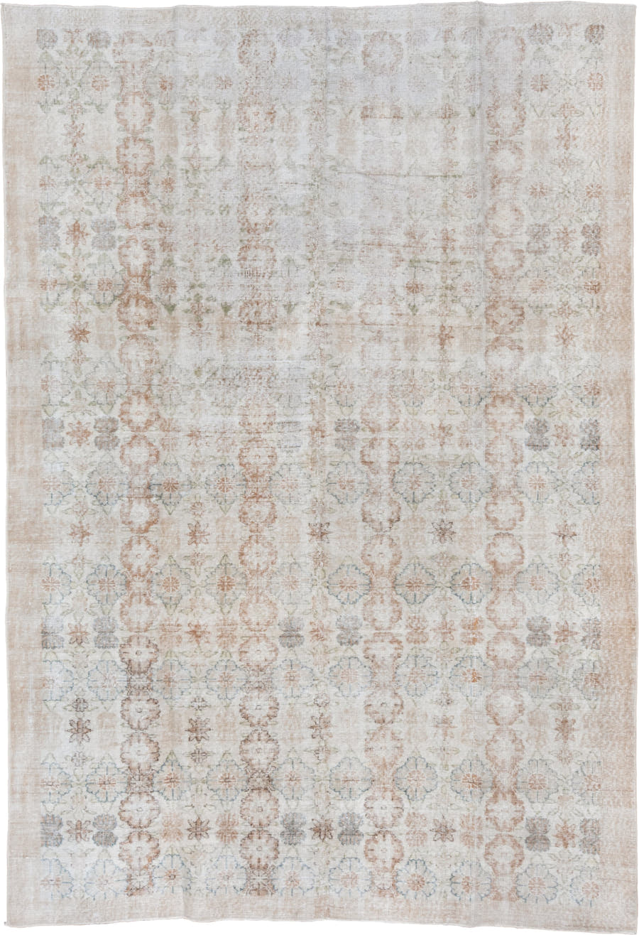 6' x 10' one-of-a-kind handmade vintage Oushak large size rug. Color palette: ivory, blush, taupe, pale blue, beige, sage