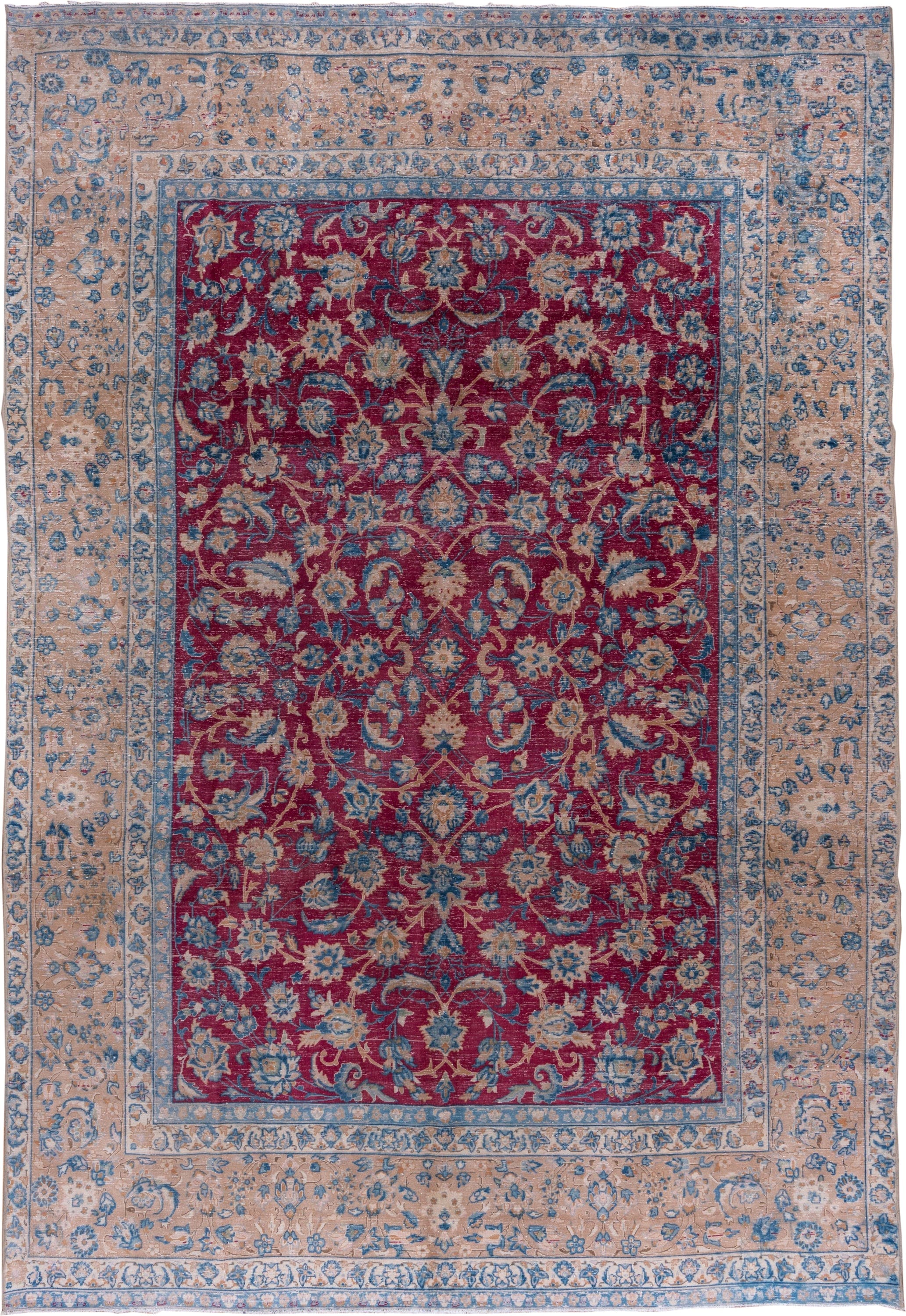9' x 13' one-of-a-kind handmade vintage Tabriz large size rug. Color palette: crimson, ivory, sky_blue, rose, slate_blue