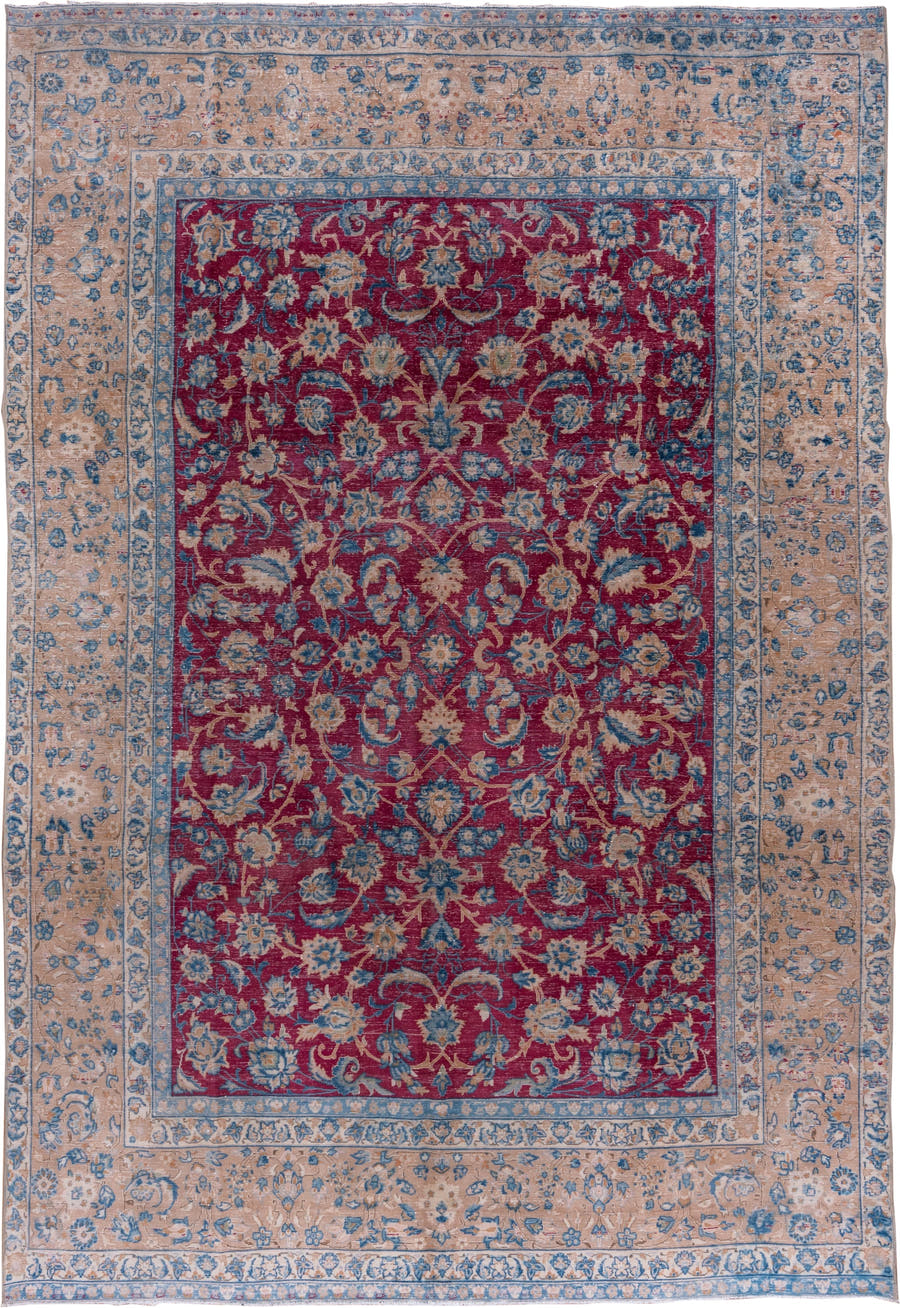 9' x 13' one-of-a-kind handmade vintage Tabriz large size rug. Color palette: crimson, ivory, sky_blue, rose, slate_blue