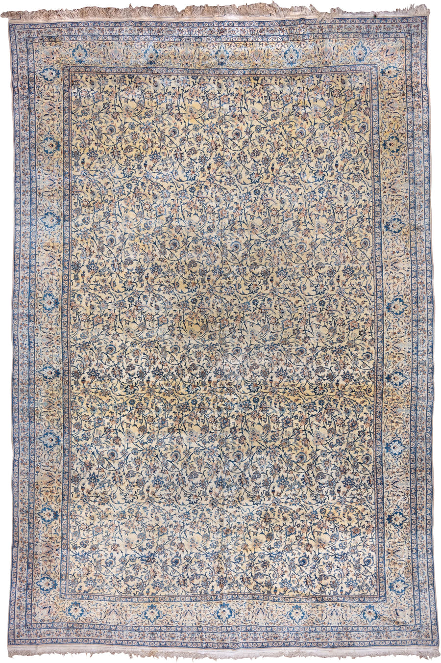 13' x 19' one-of-a-kind handmade vintage Naiin oversize rug. Color palette: ivory, blue, navy, beige, camel, taupe, gray