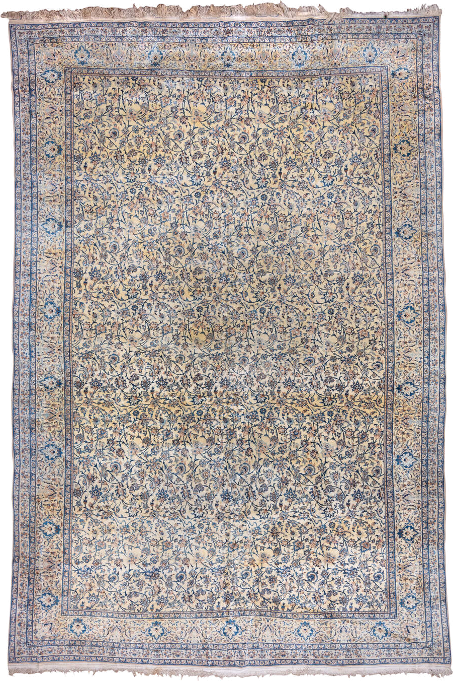 13' x 19' one-of-a-kind handmade vintage Naiin oversize rug. Color palette: ivory, blue, navy, beige, camel, taupe, gray