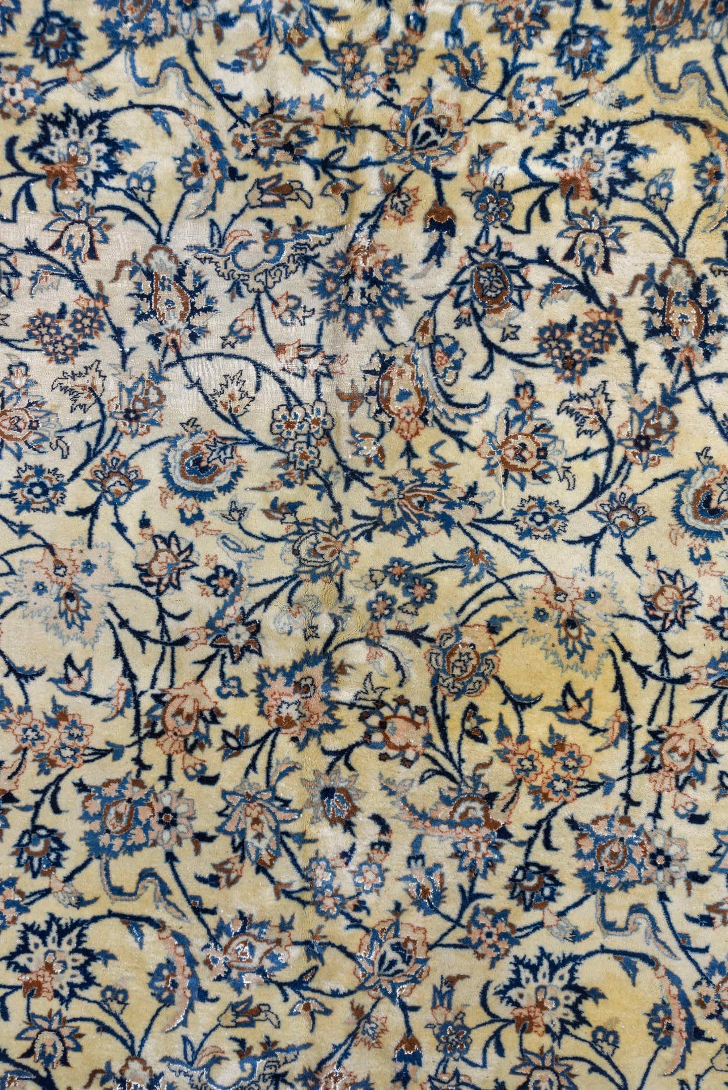 13' x 19' one-of-a-kind handmade vintage Naiin oversize rug. Color palette: ivory, blue, navy, beige, camel, taupe, gray
