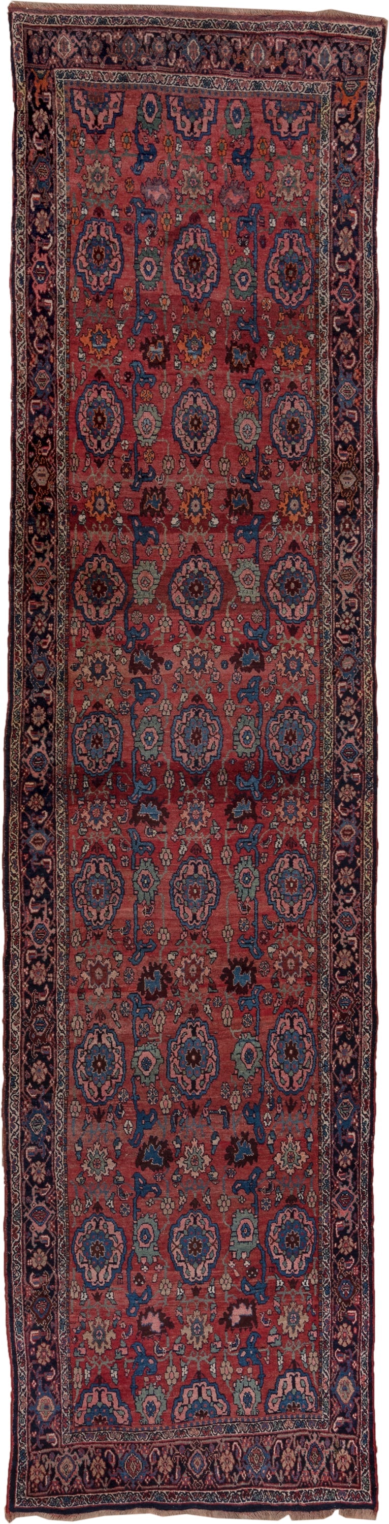 3' x 15' one-of-a-kind handmade antique Bidjar runner rug. Color palette: rust, navy, indigo, ivory, camel, burgundy, slate