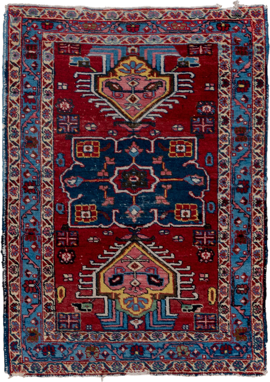 2' x 3' one-of-a-kind handmade antique Heriz small size rug. Color palette: red, sky_blue, ivory, navy, pink, gold, black