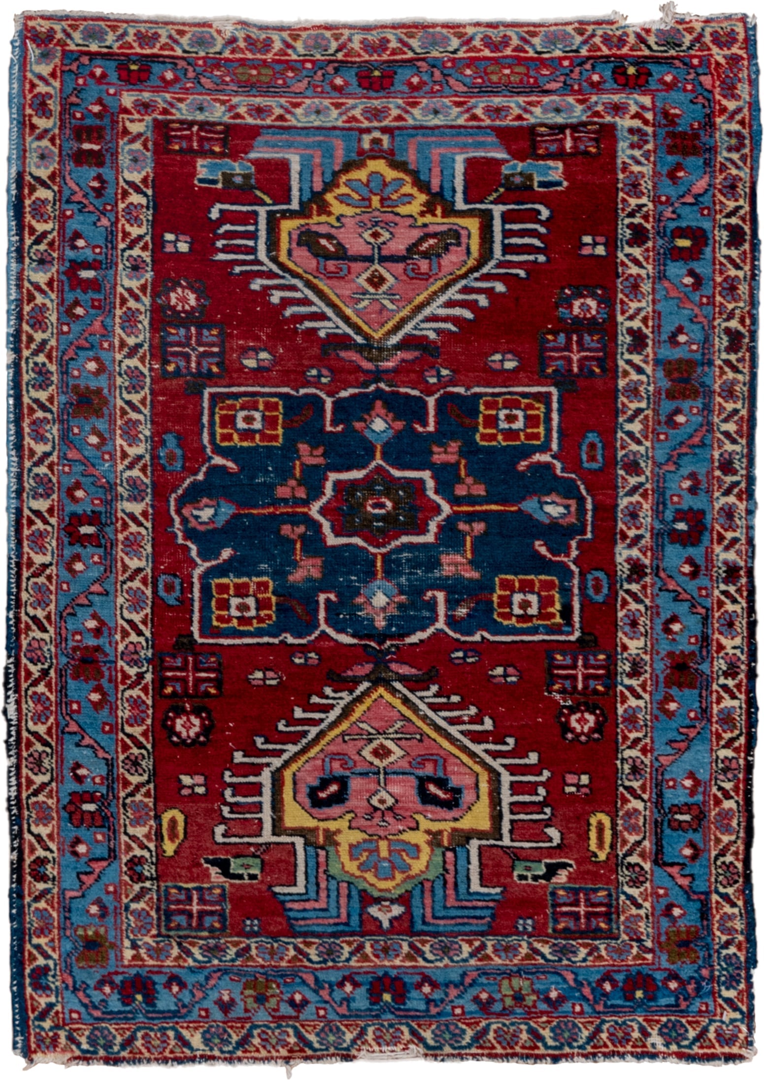 2' x 3' one-of-a-kind handmade antique Heriz small size rug. Color palette: red, sky_blue, ivory, navy, pink, gold, black