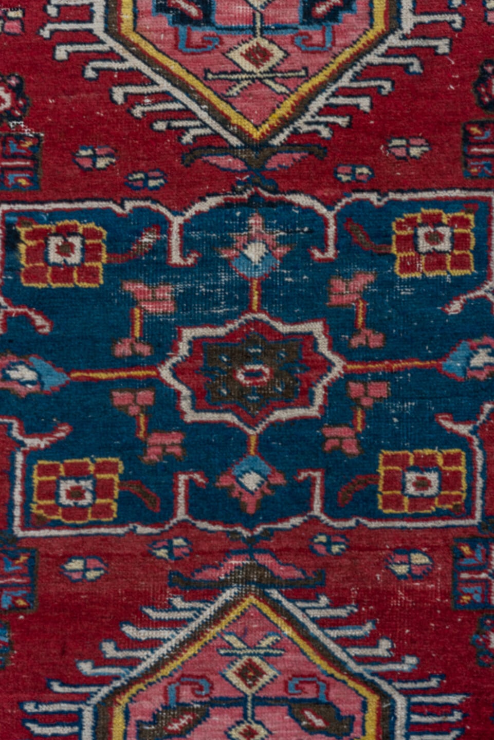2' x 3' one-of-a-kind handmade antique Heriz small size rug. Color palette: red, sky_blue, ivory, navy, pink, gold, black