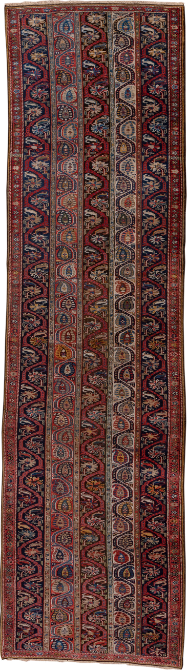 3' x 12' one-of-a-kind handmade vintage Bidjar runner rug. Color palette: blue, brown, gray, pink, red