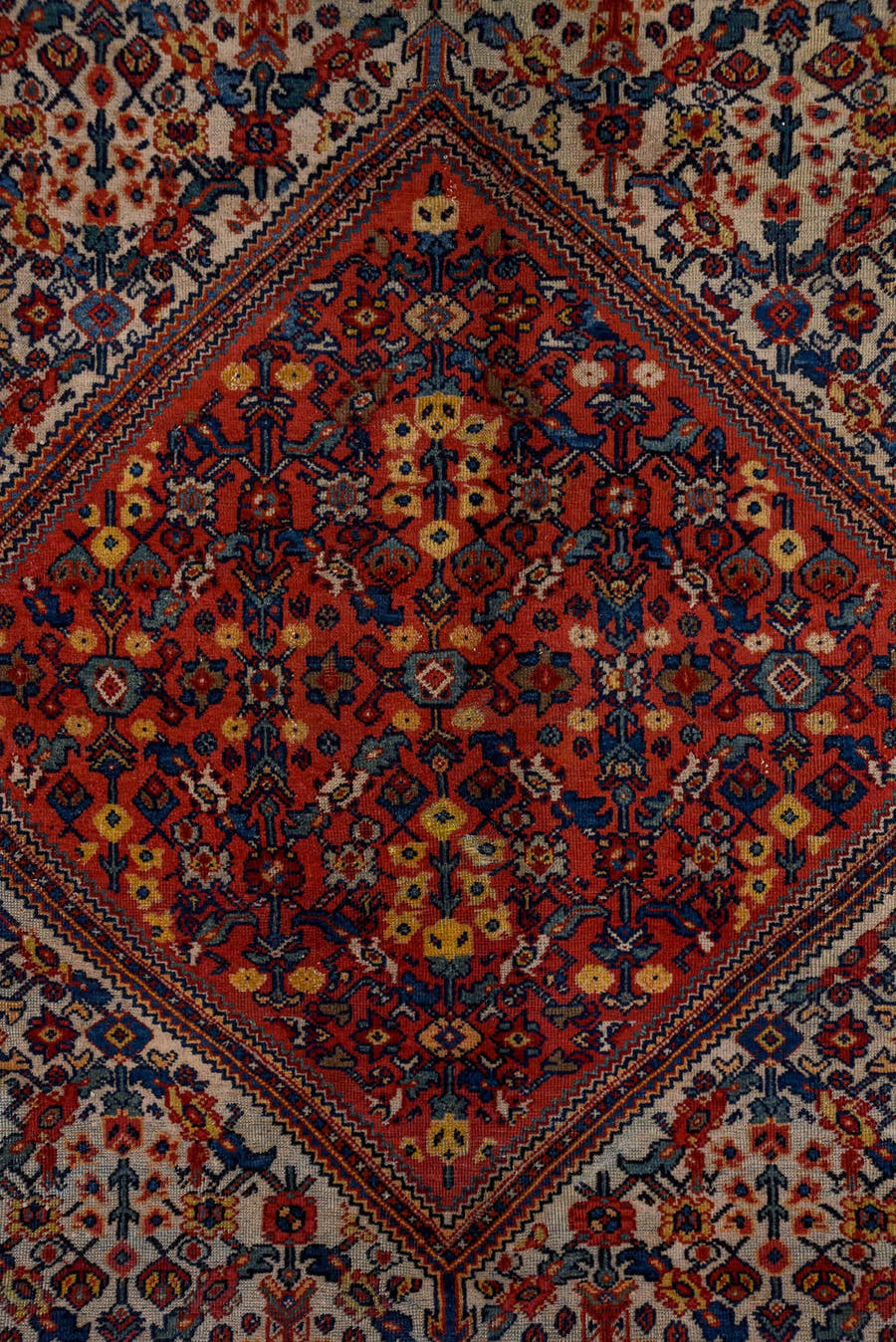 9' x 11' one-of-a-kind handmade antique Farahan large size rug. Color palette: ivory, rust, navy, crimson, indigo, camel