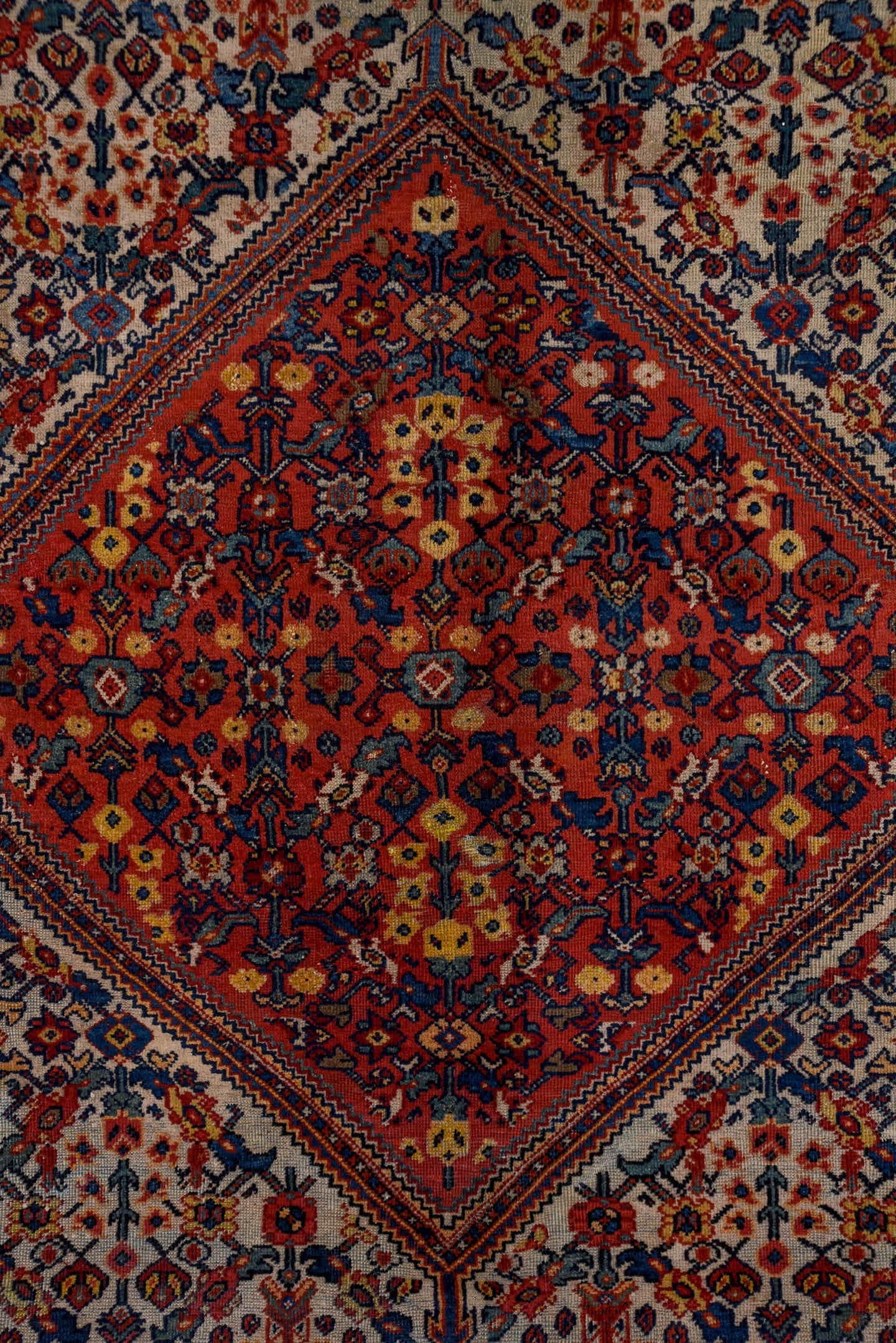 9' x 11' one-of-a-kind handmade antique Farahan large size rug. Color palette: ivory, rust, navy, crimson, indigo, camel