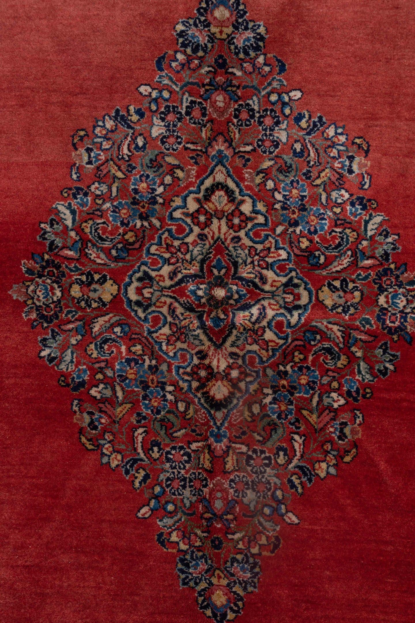 6' x 9' one-of-a-kind handmade antique Sarouk medium size rug. Color palette: red, ivory, navy, rose, slate, rust, camel