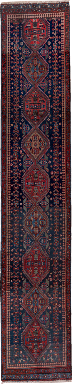 2' x 13' one-of-a-kind handmade antique Heriz runner rug. Color palette: navy, rust, brick, ivory, sky_blue, crimson, slate