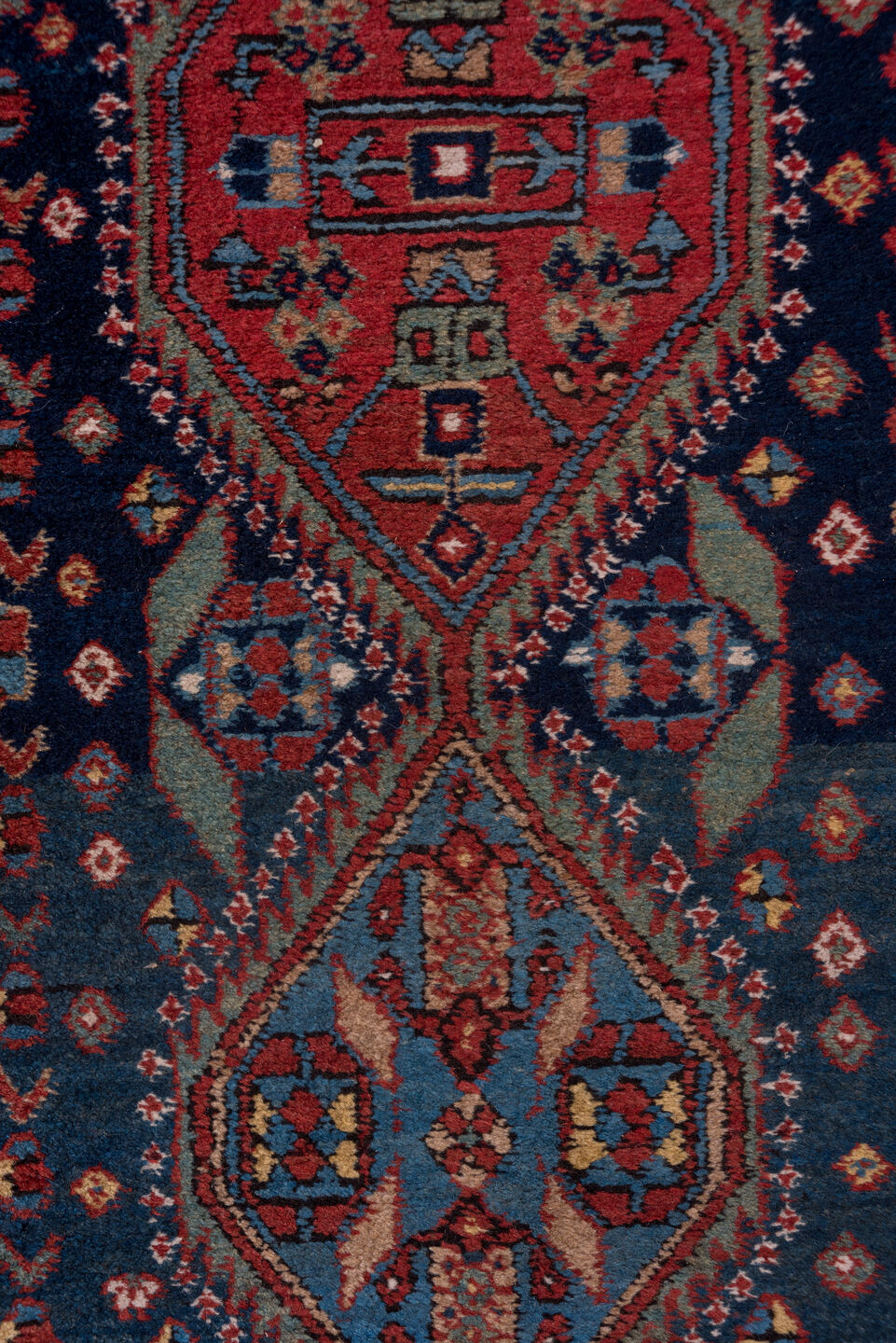 2' x 13' one-of-a-kind handmade antique Heriz runner rug. Color palette: navy, rust, brick, ivory, sky_blue, crimson, slate