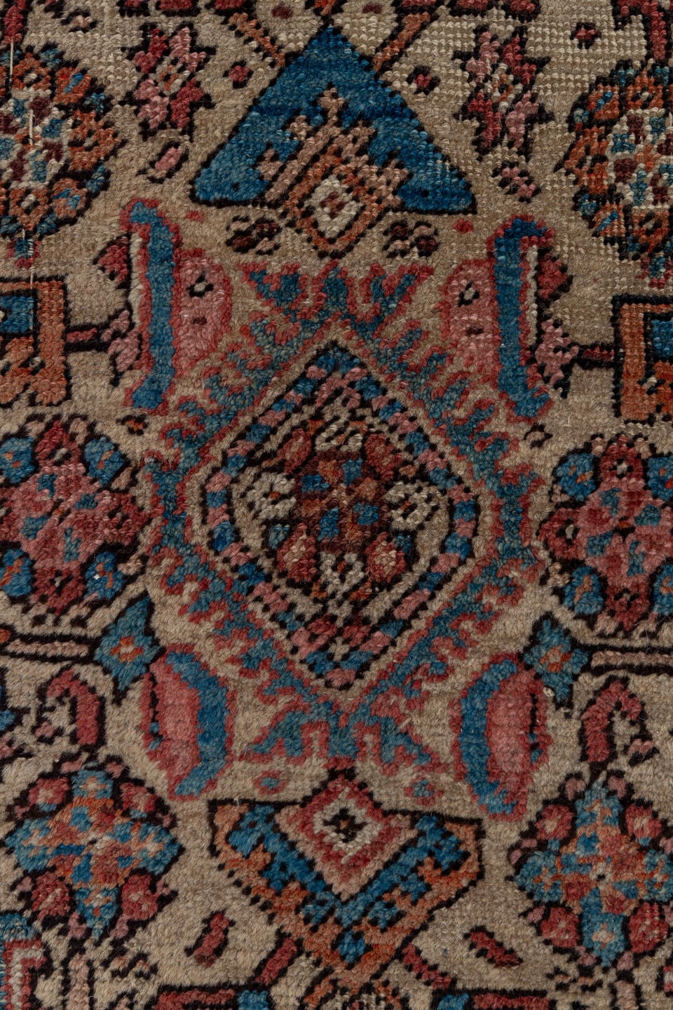 3' x 13' one-of-a-kind handmade antique Sarab runner rug. Color palette: ivory, rust, indigo, burgundy, camel, slate