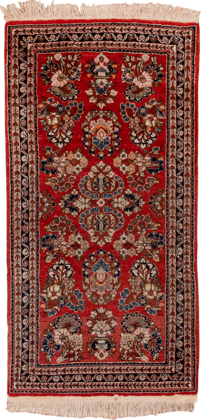 2' x 4' one-of-a-kind handmade antique Sarouk small size rug. Color palette: red, navy, ivory, camel, rose, slate, brown