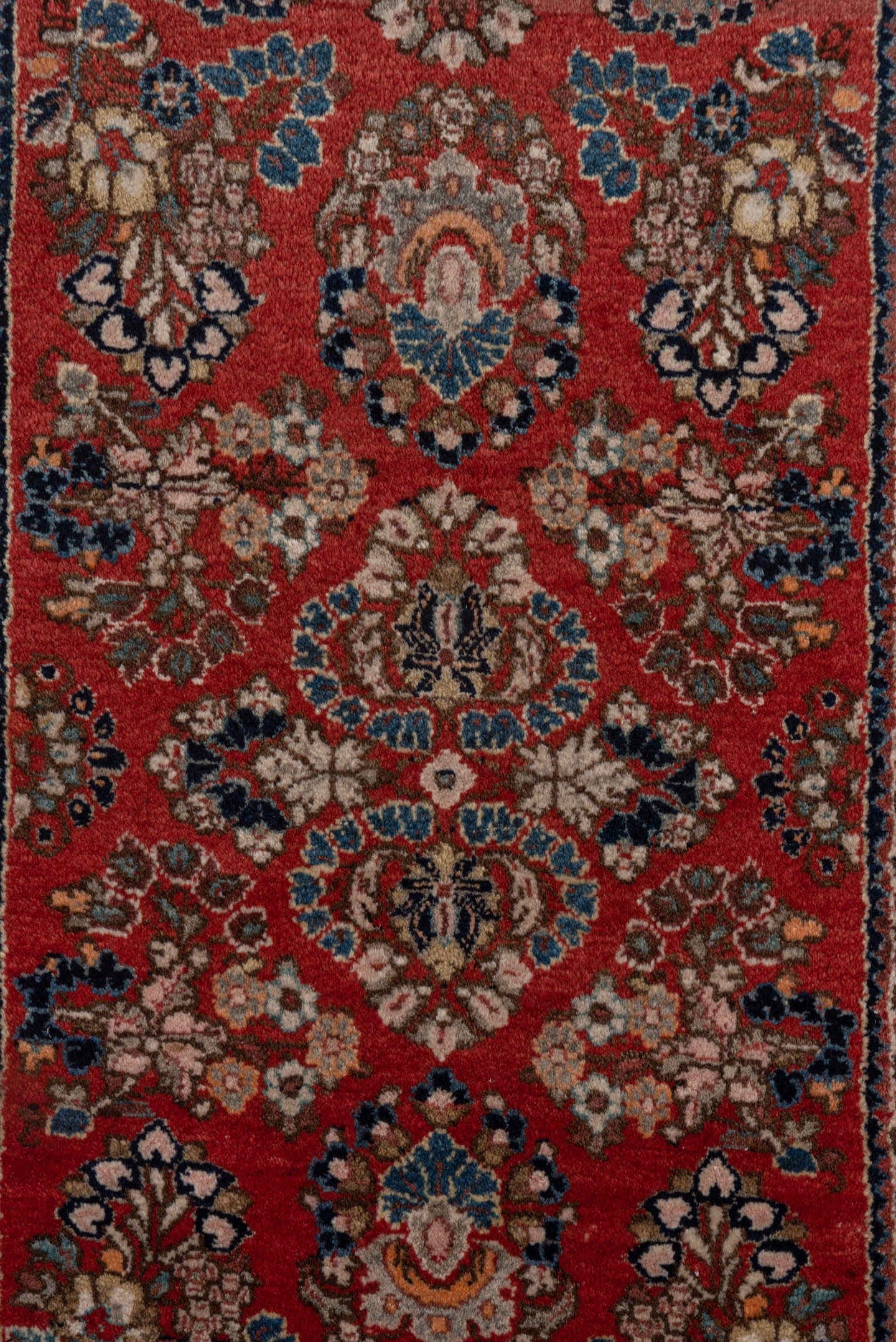 2' x 4' one-of-a-kind handmade antique Sarouk small size rug. Color palette: red, navy, ivory, camel, rose, slate, brown