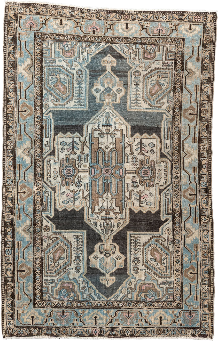 4' x 6' one-of-a-kind handmade antique Malayer rug. Color palette: charcoal, sky blue, ivory, taupe, blush, slate, camel