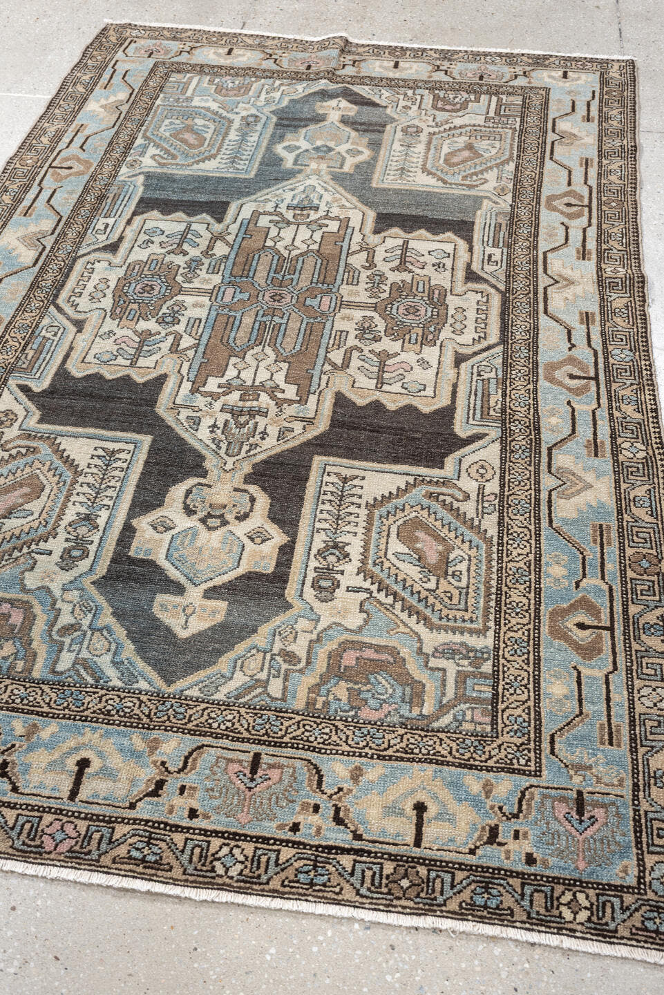 4' x 6' one-of-a-kind handmade antique Malayer rug. Color palette: charcoal, sky blue, ivory, taupe, blush, slate, camel