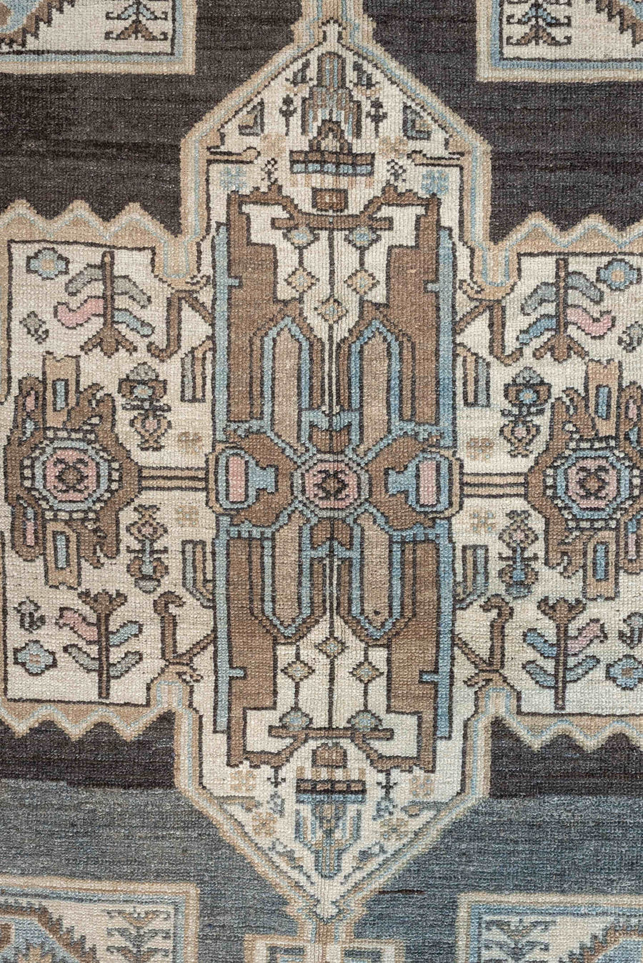 4' x 6' one-of-a-kind handmade antique Malayer rug. Color palette: charcoal, sky blue, ivory, taupe, blush, slate, camel