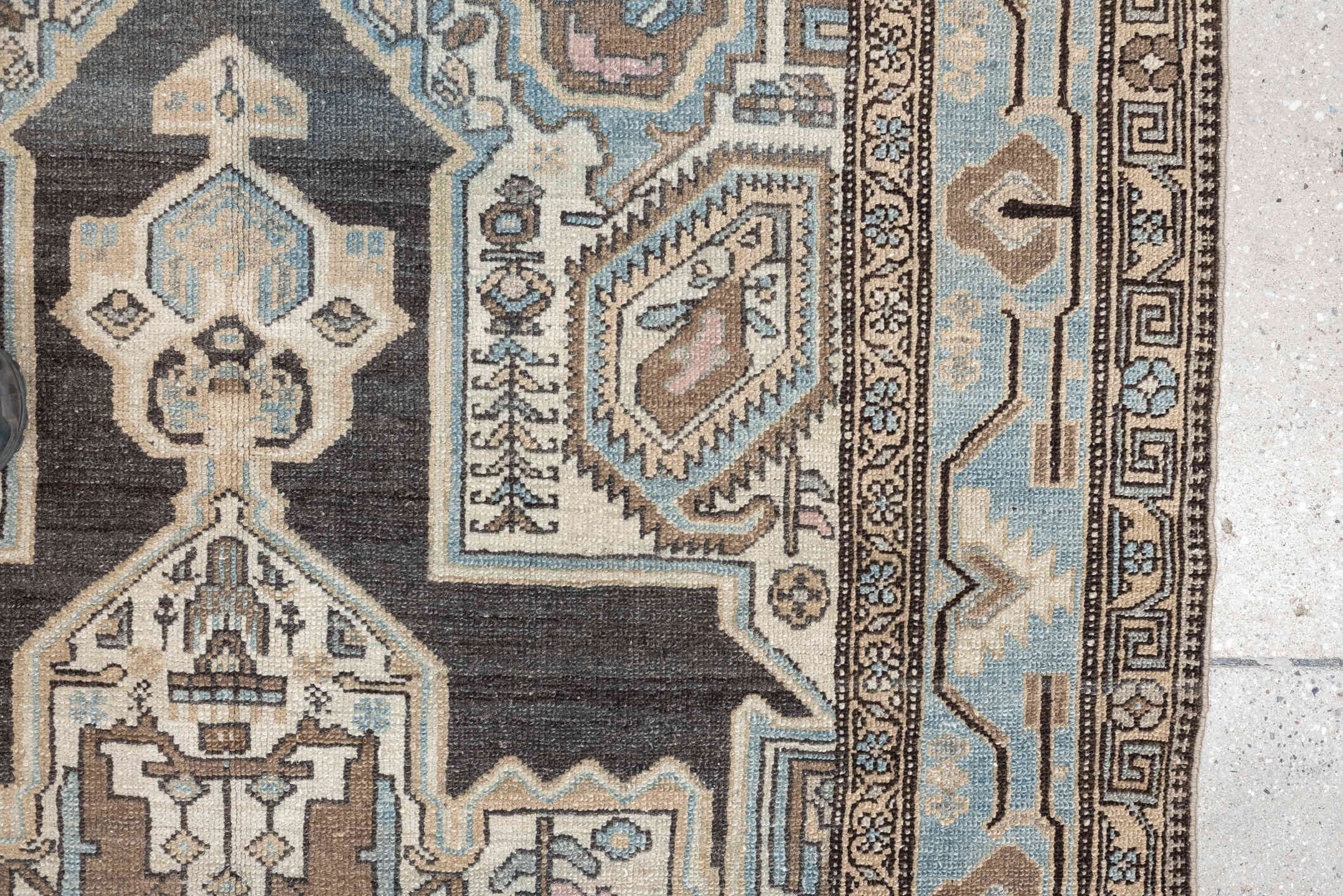 4' x 6' one-of-a-kind handmade antique Malayer rug. Color palette: charcoal, sky blue, ivory, taupe, blush, slate, camel