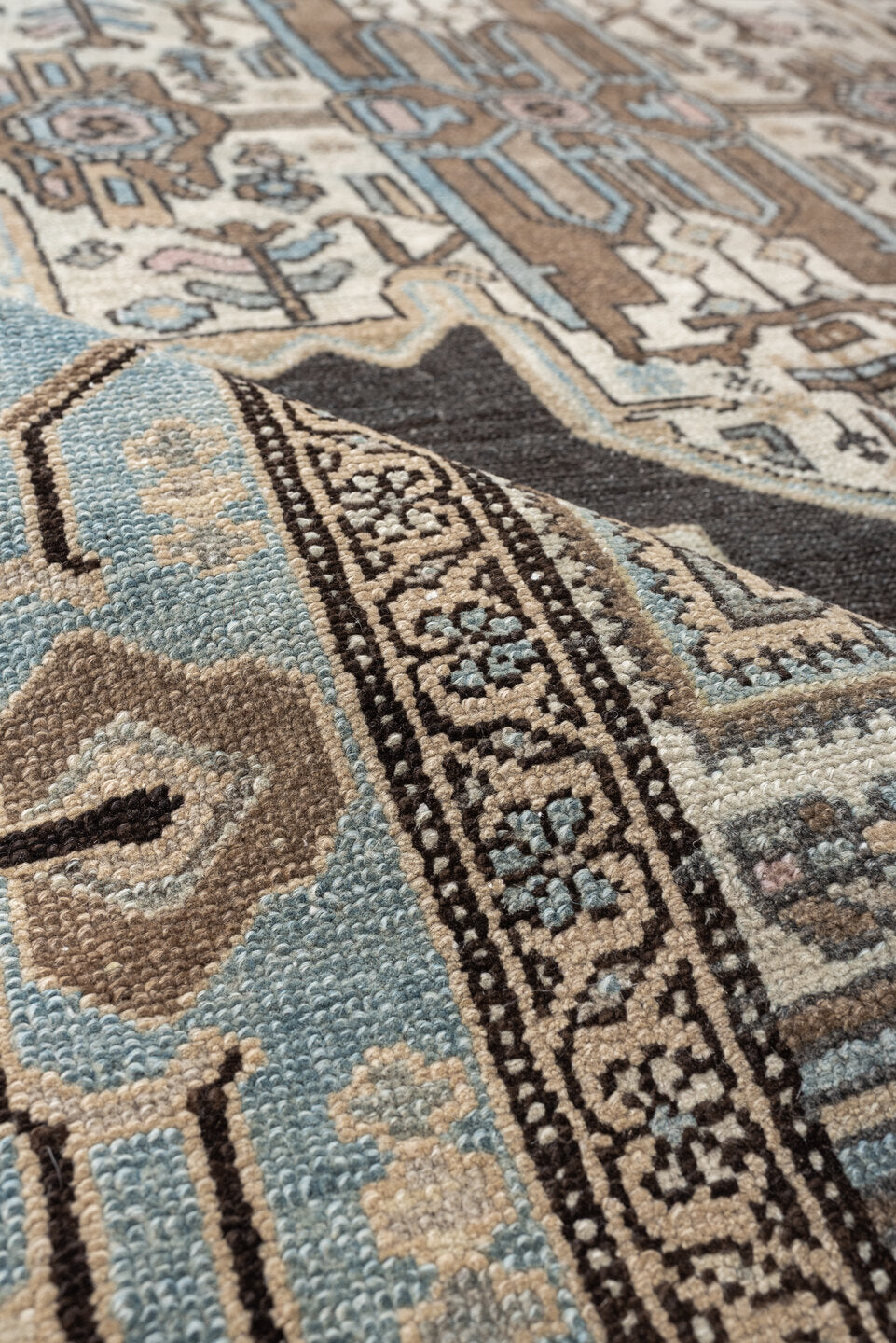 4' x 6' one-of-a-kind handmade antique Malayer rug. Color palette: charcoal, sky blue, ivory, taupe, blush, slate, camel