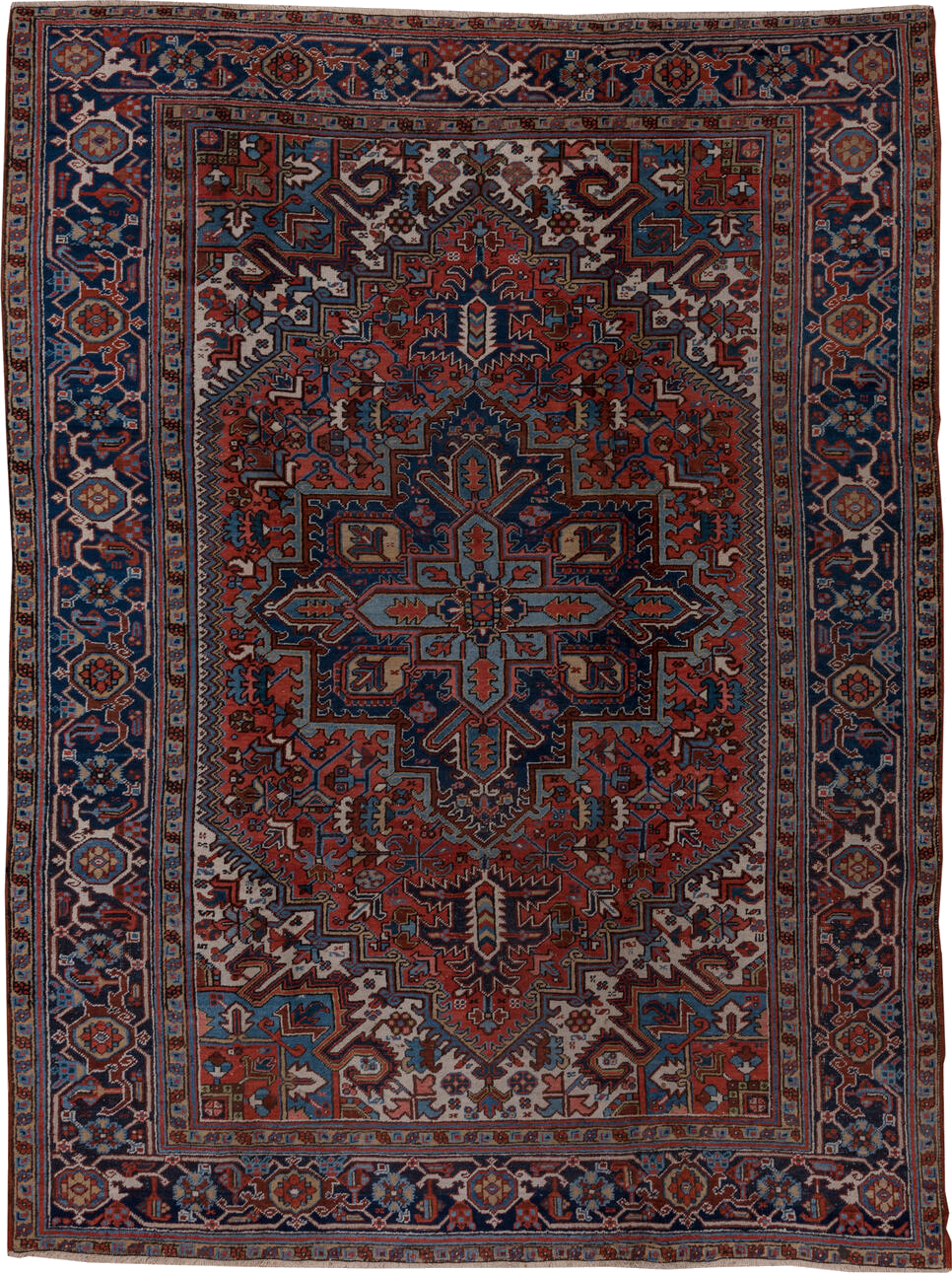 8' x 11' one-of-a-kind handmade vintage Heriz large size rug. Color palette: arapawa, black, blue, brown, charcoal, dim gray